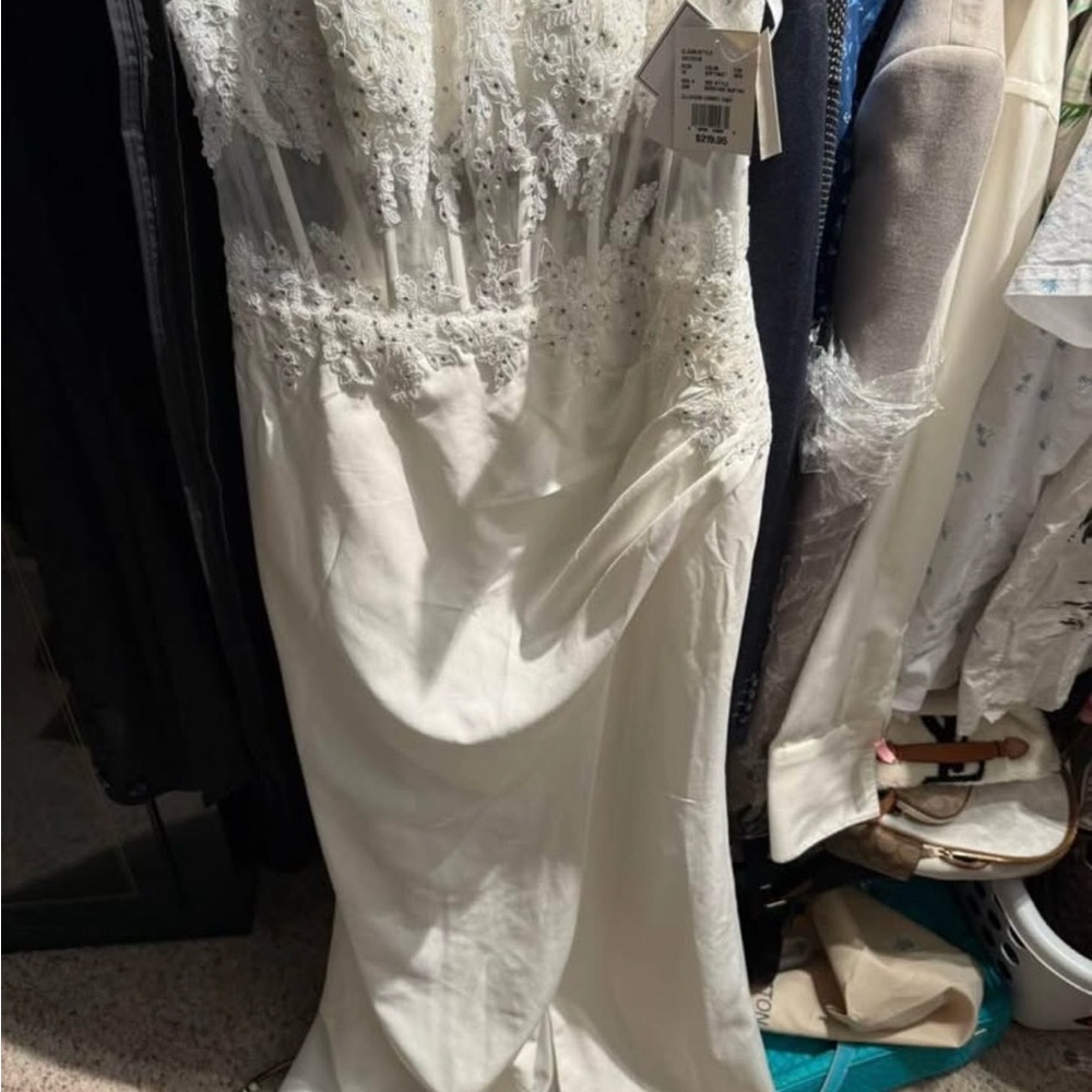 David's Bridal Ivory Lace Bodice Satin Gown